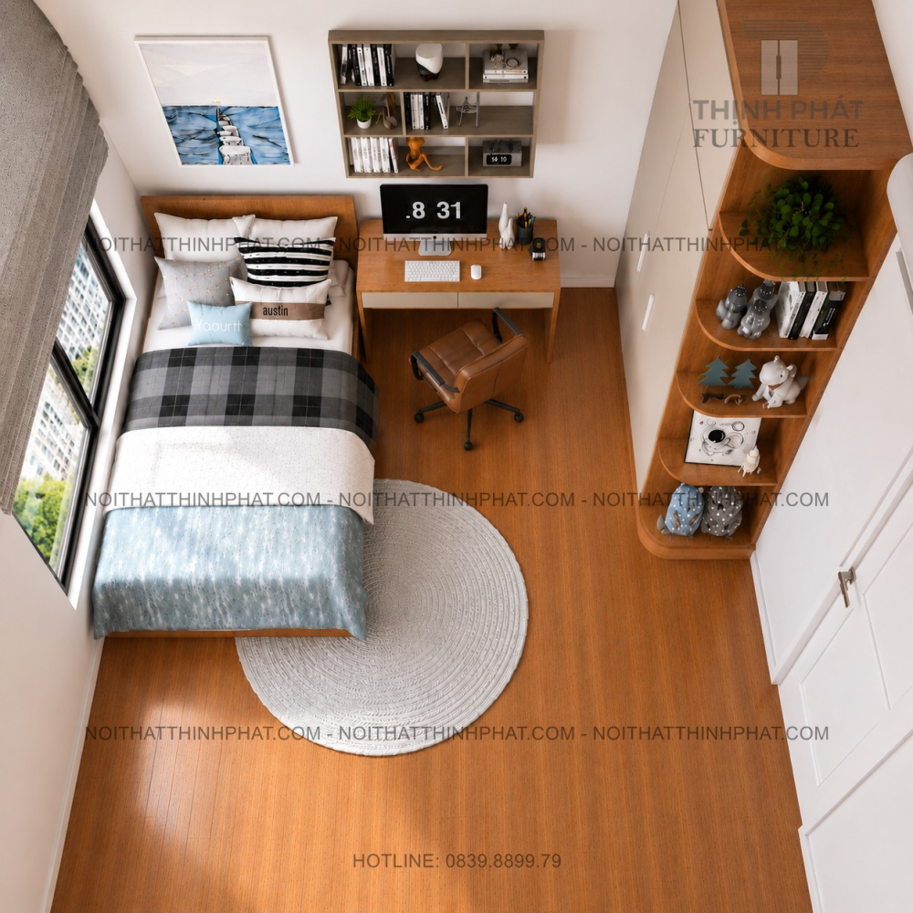 Combo Phòng Ngủ MDF Hiện Đại - Tủ Áo Cửa Lùa 2 Tầng Kết Hợp Kệ Trang Trí Bo Góc - PN06